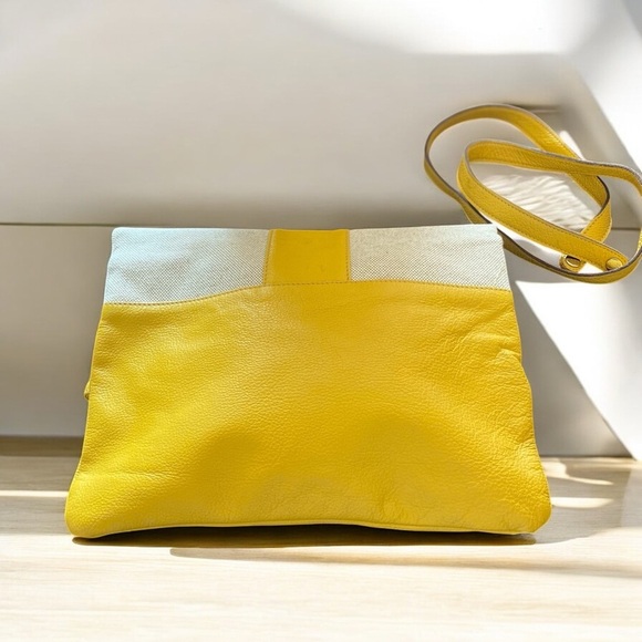 MODUS RIO Yellow Leather & Refined Linen Shoulder Bag /Oversized Clutch Neutral - Picture 7 of 16